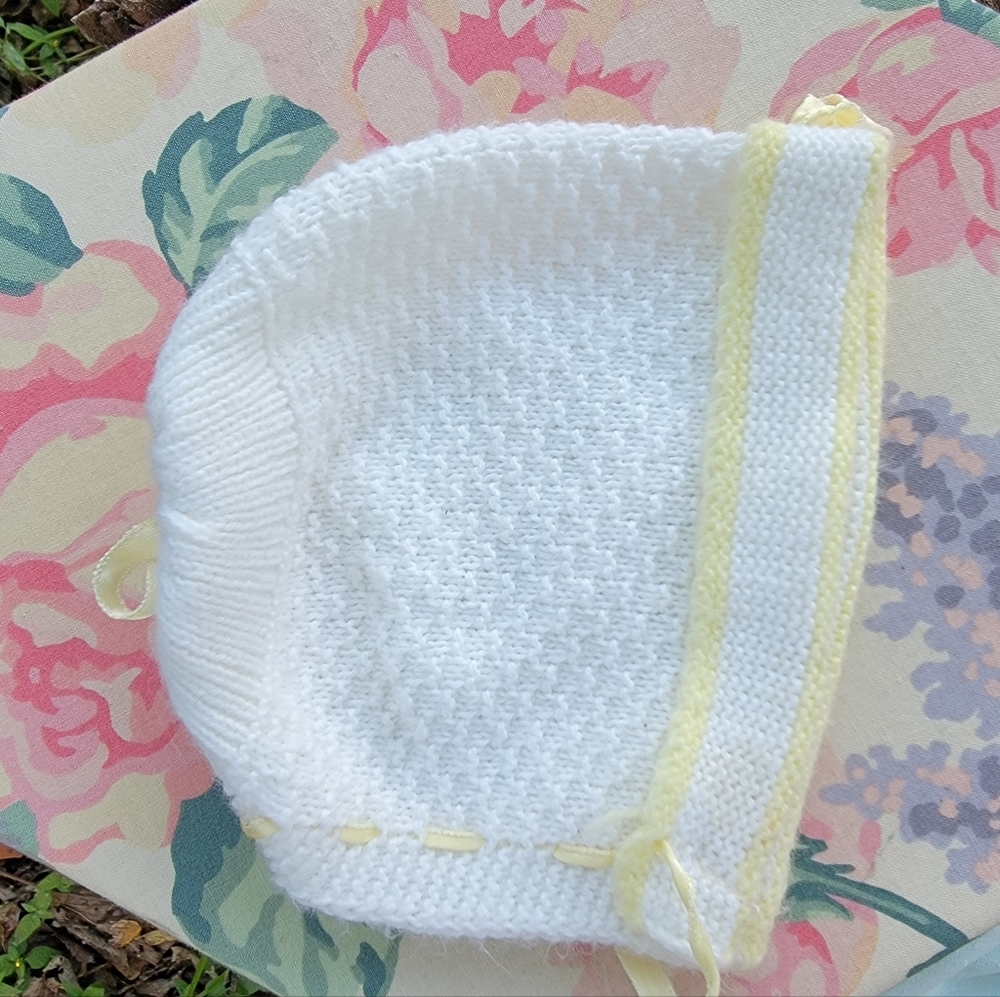 Vintage Baby Bonnet White Knit Hat with Yellow Tie & Trim